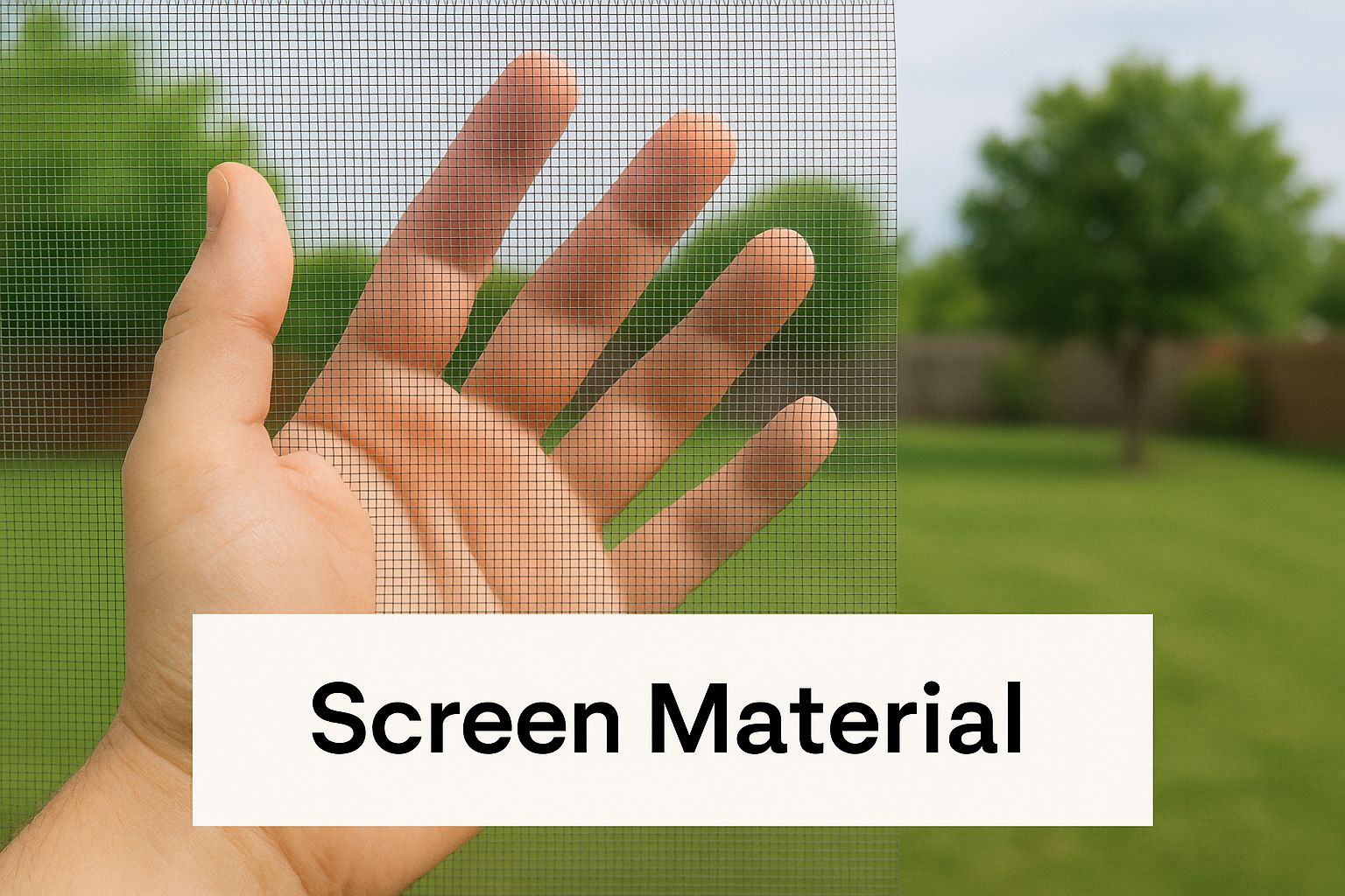 Infographic of a hand touching a porch screen with a backyard view, illustrating different screen material properties.