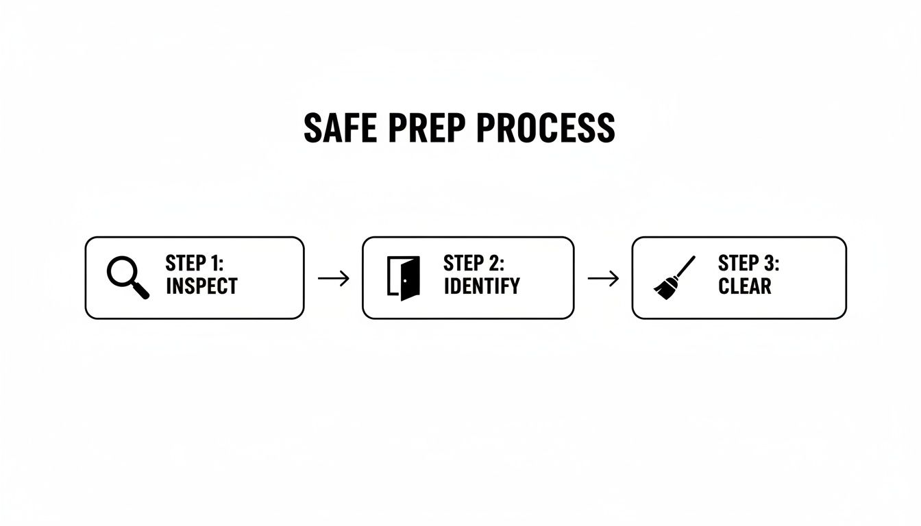 Flowchart illustrating the 'Safe Prep Process' with three steps: Inspect, Identify, and Clear.