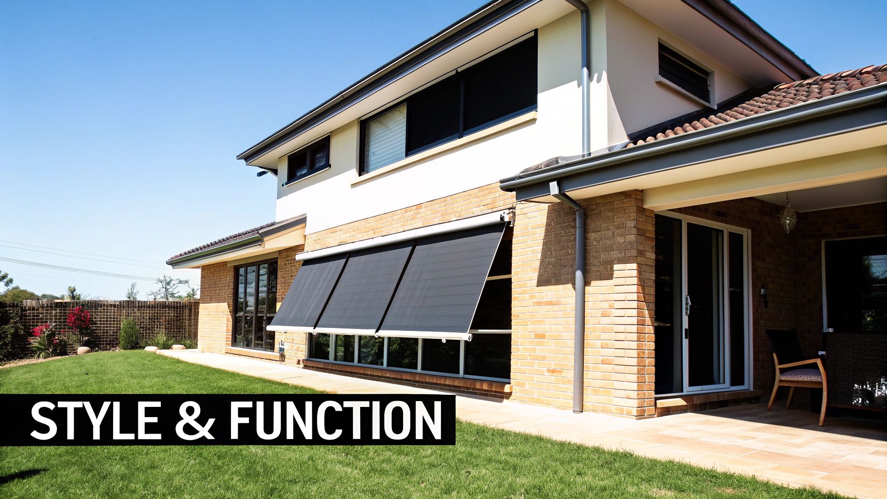 A home with stylish dark solar screens that enhance its modern aesthetic.