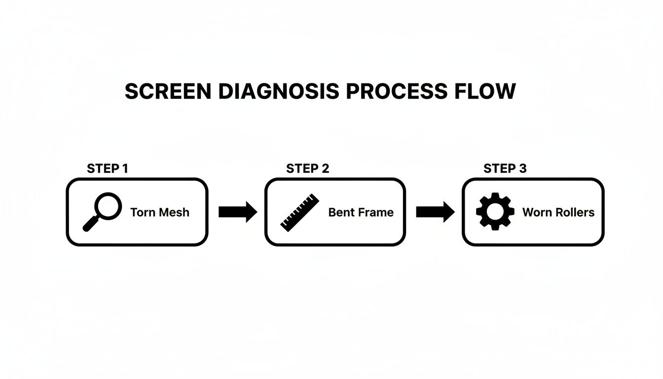 Process flow diagram illustrating screen diagnosis steps for torn mesh, bent frame, and worn rollers.
