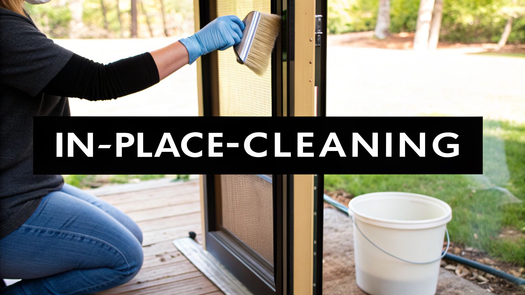 A person cleaning a screen door with a brush while it is still hanging in the frame.