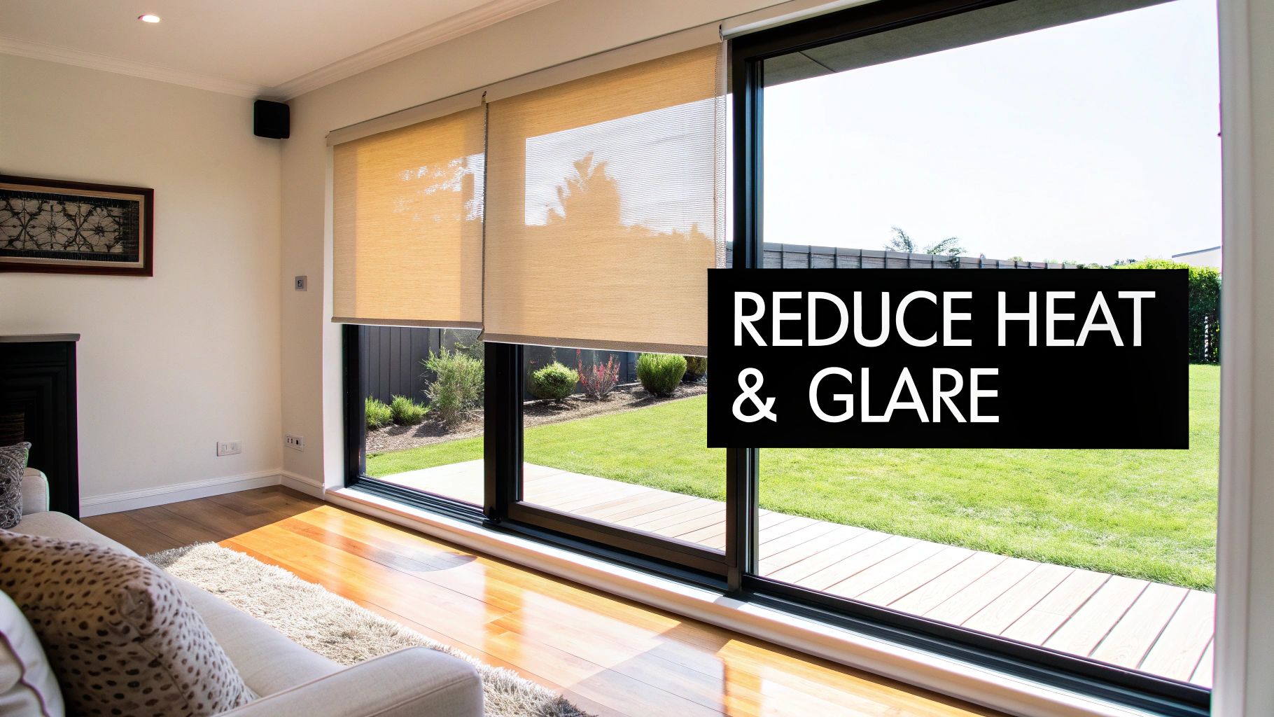 A modern home with sun blocking screens installed on its large windows, enhancing its exterior look while providing shade.