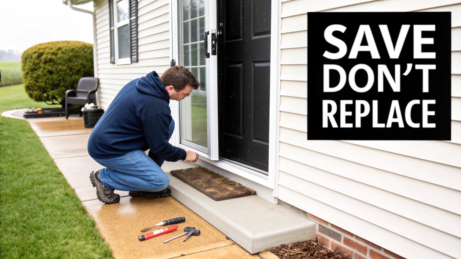 A person's hands using a spline roller tool to press a new screen into the frame of a screen door.