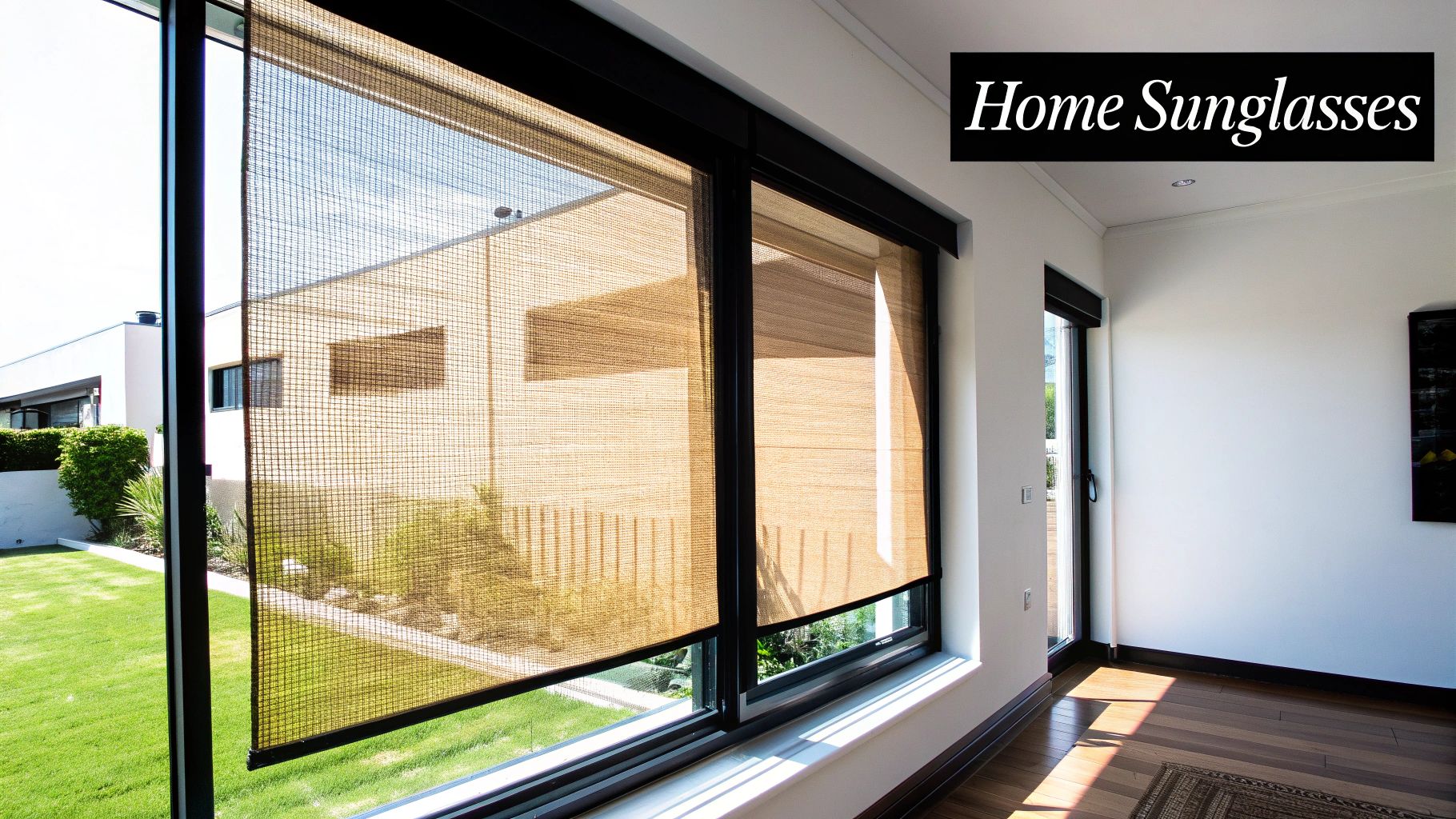 A modern home with sleek, dark solar screen windows installed, showcasing improved curb appeal.