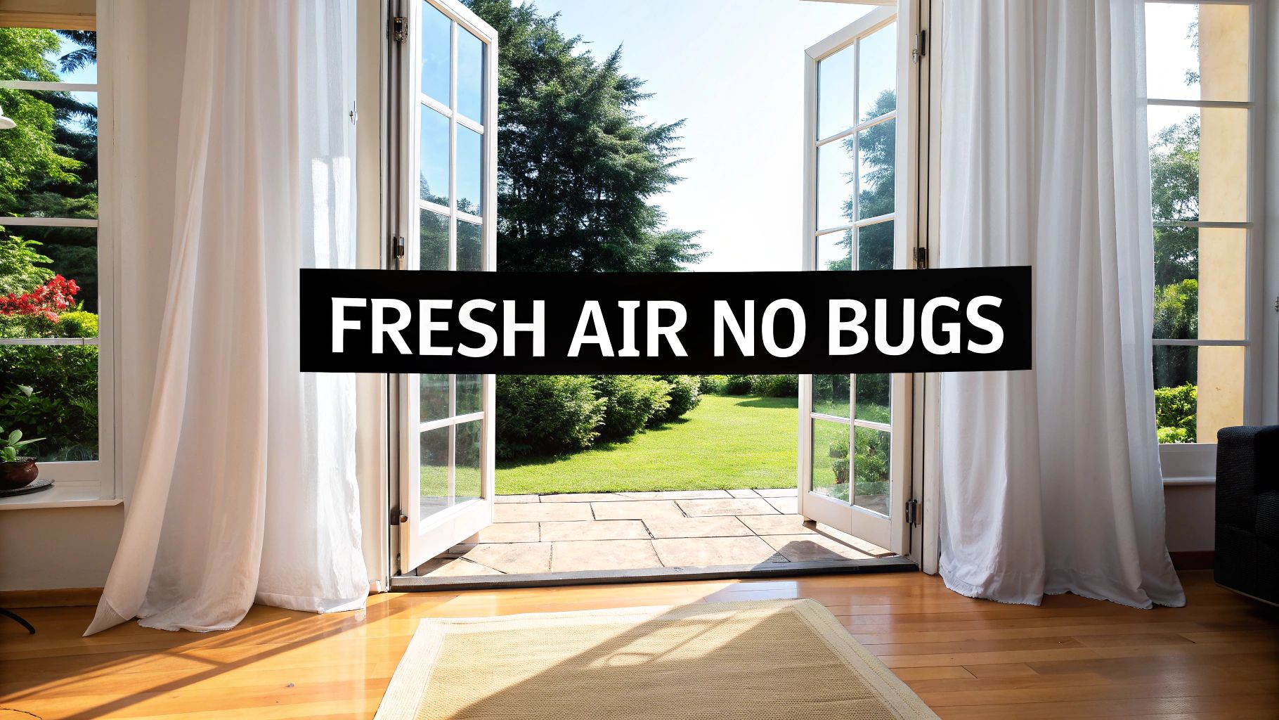 Open French doors with white sheer curtains leading to a lush green garden.