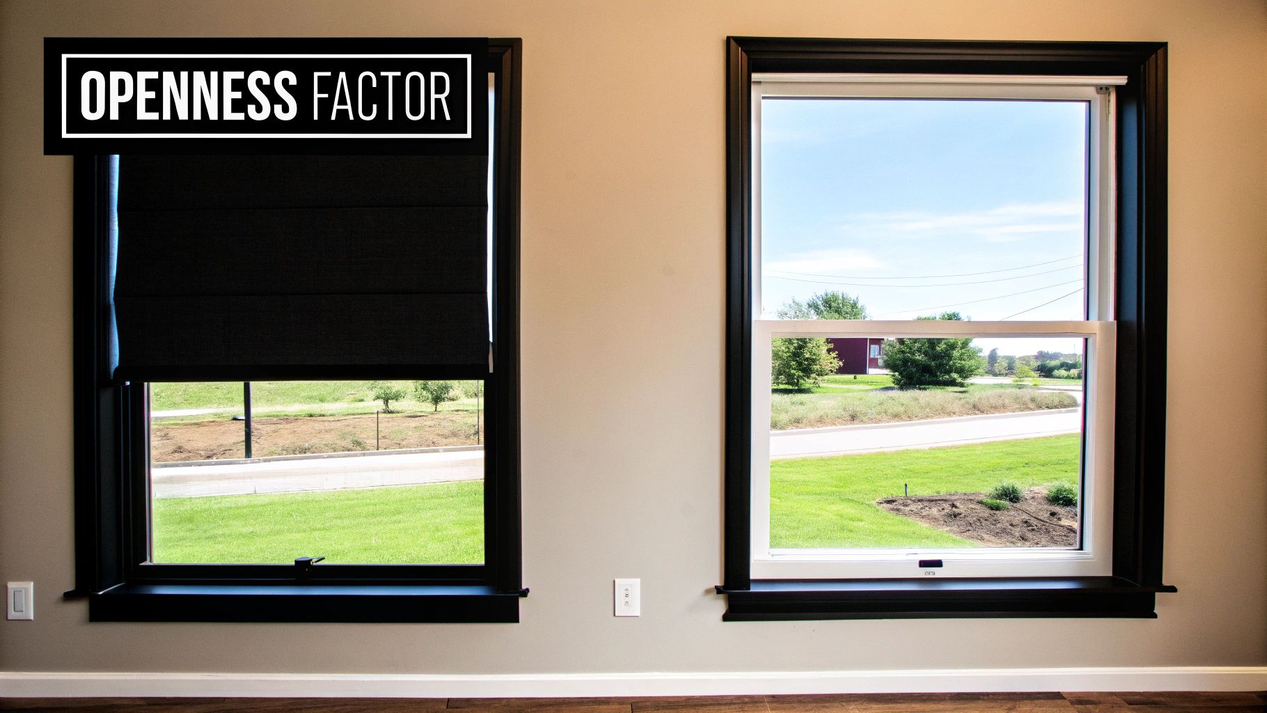 Two windows, one with a black Roman shade and 'Openness Factor' label, the other open to a sunny landscape.