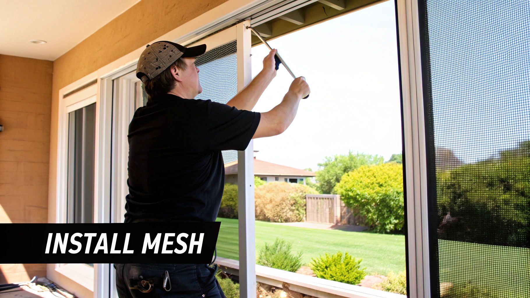 Someone using a spline roller to install new mesh on a sliding screen door laid on a flat surface.