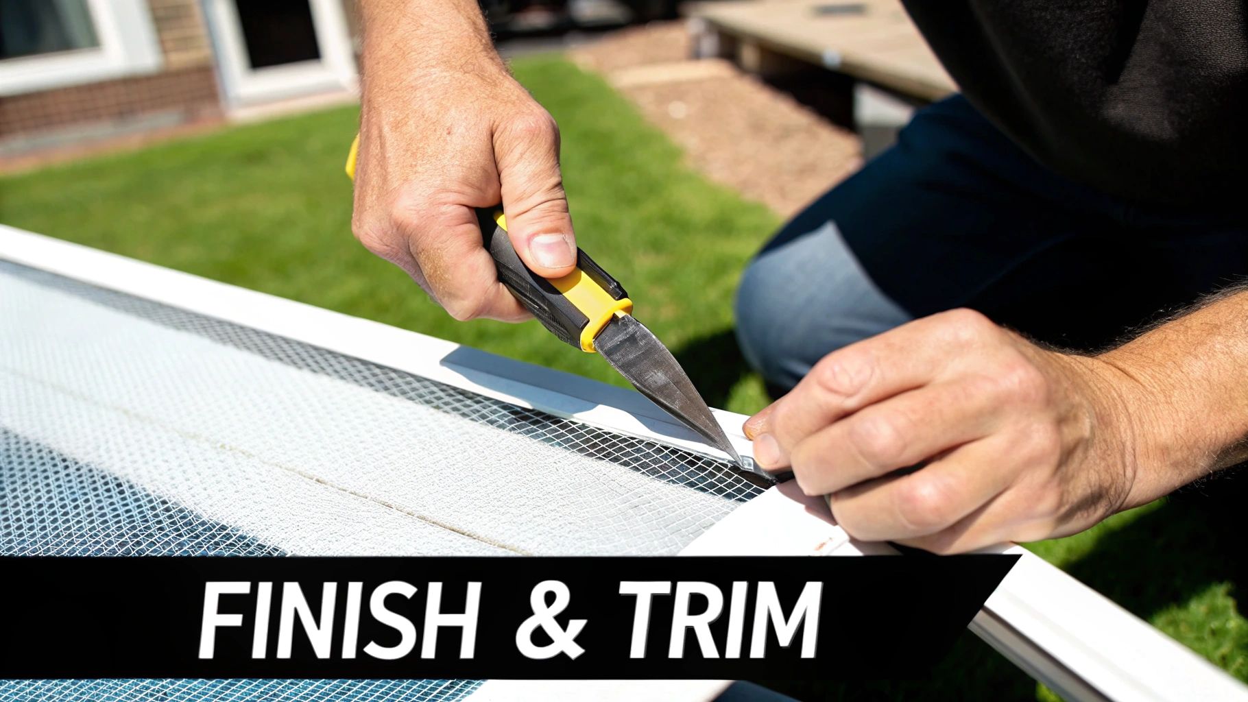 Close-up of a person's hands trimming excess screen material from a white frame with a utility knife.
