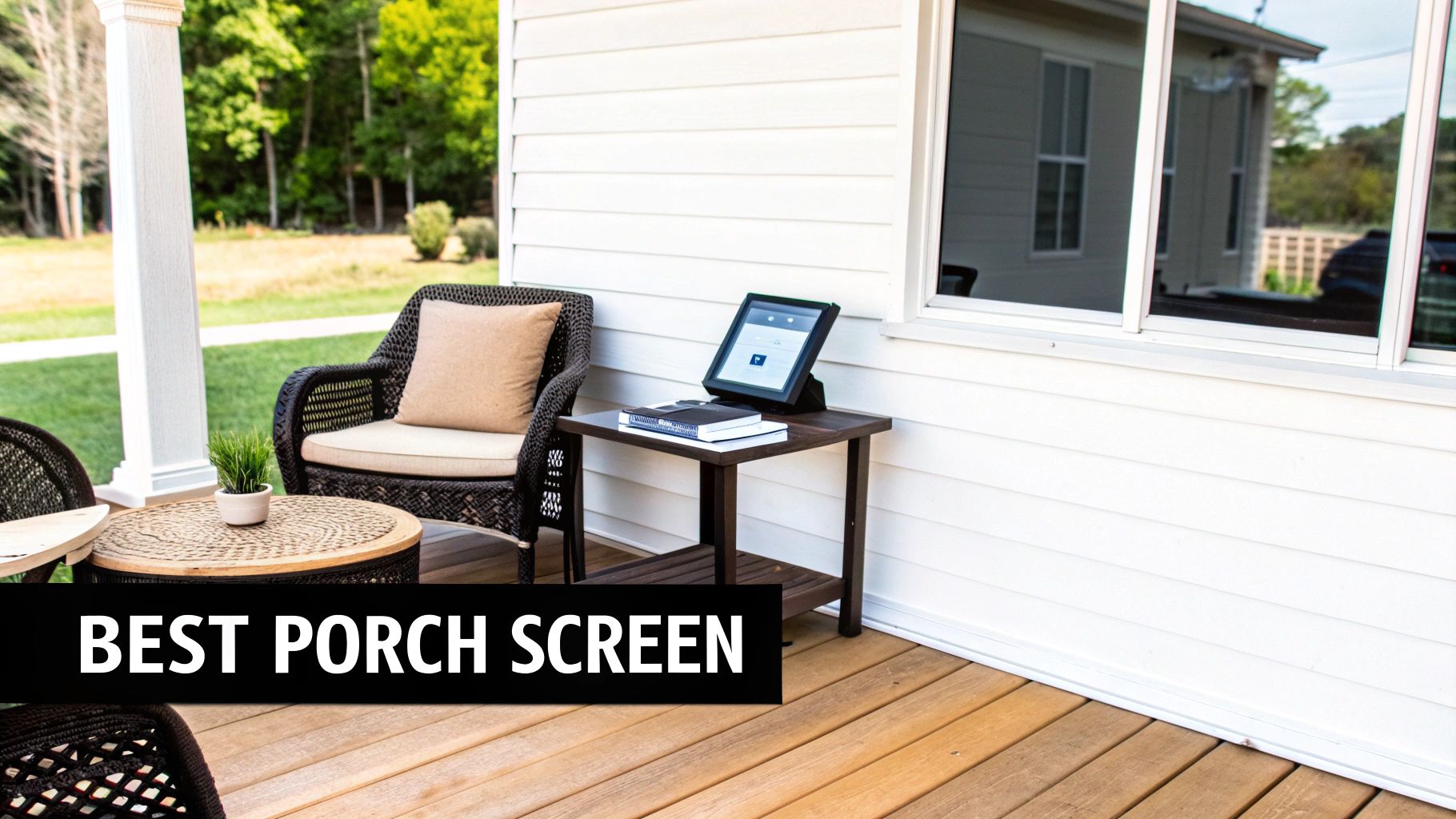 A comfortable screened-in porch with chairs and a table, showing a clear view to the outside.