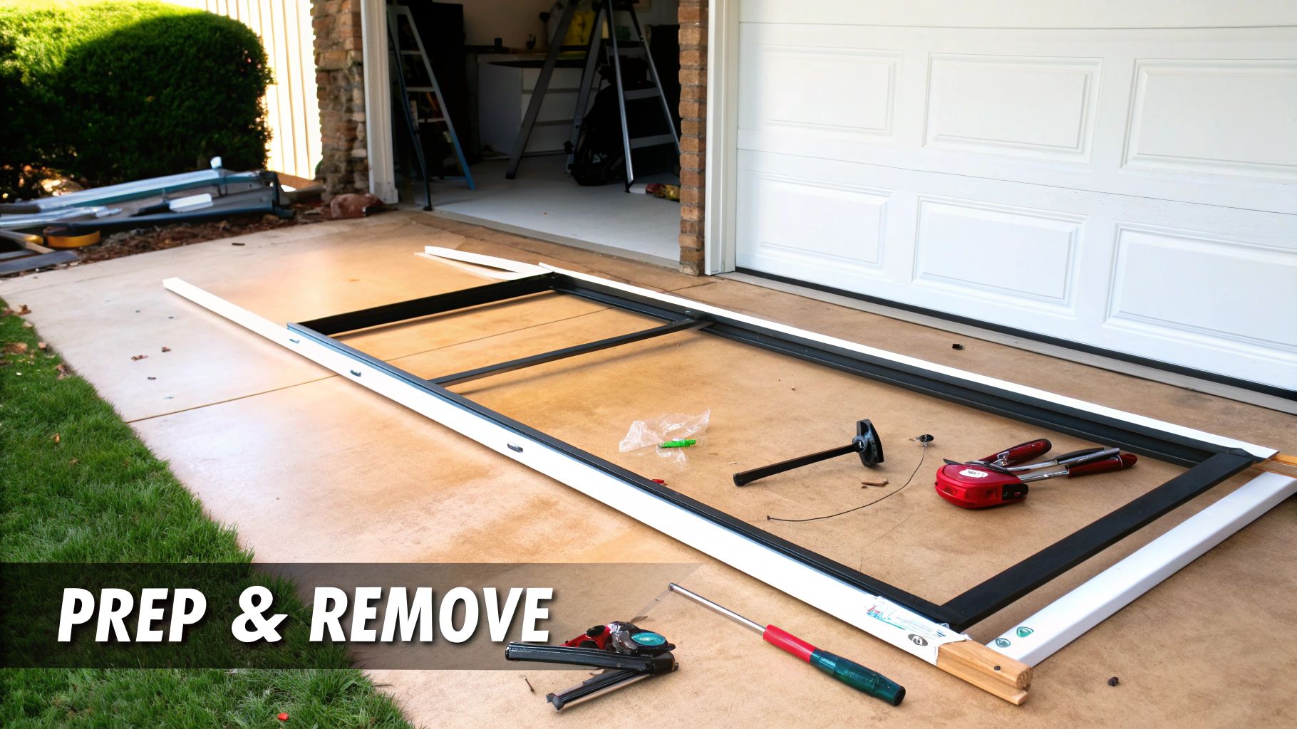 A screen door frame laid on a concrete driveway with tools, ready for rescreening or removal.