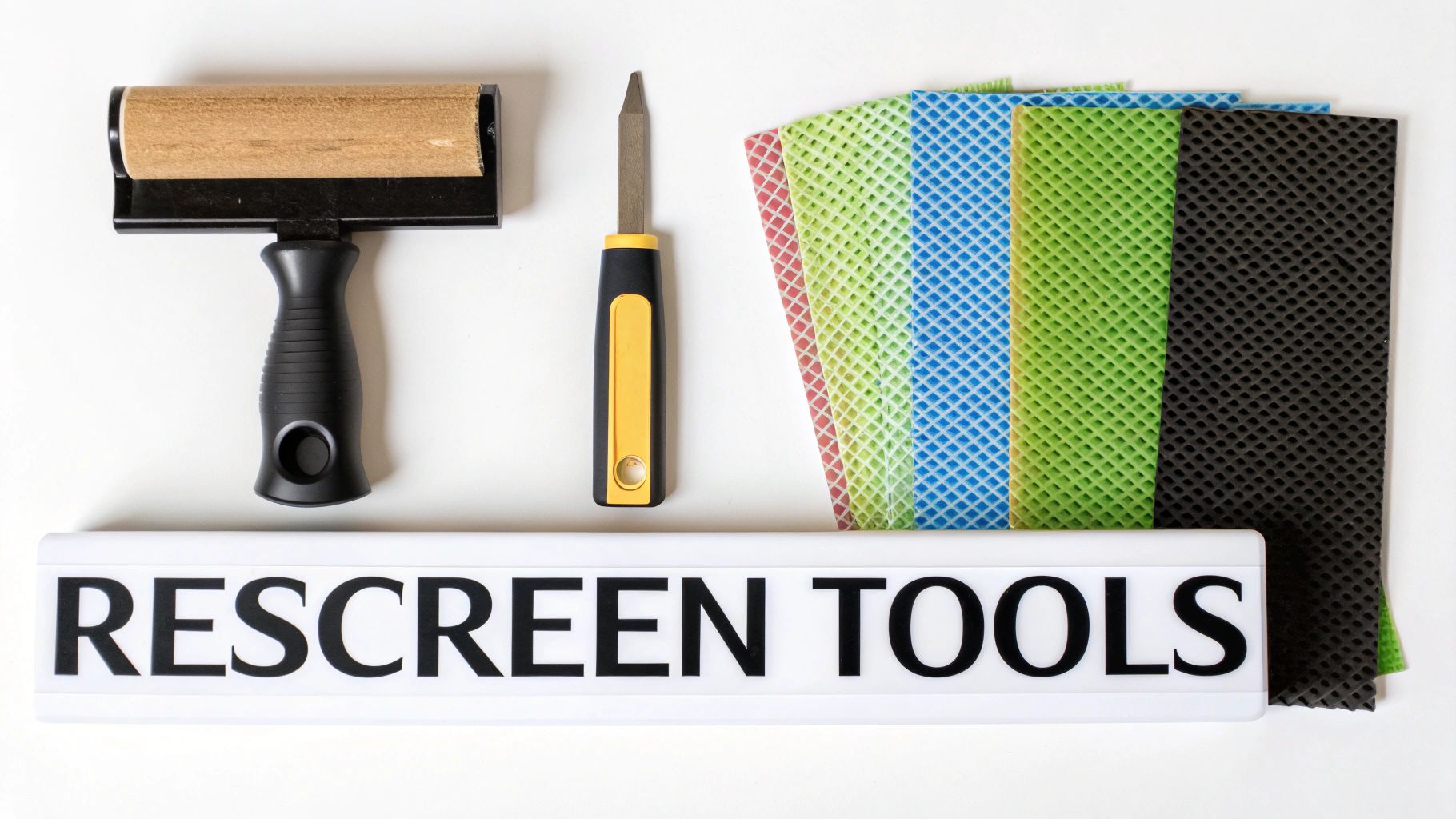 A collection of tools for rescreening a window, including a spline roller, utility knife, and new screen mesh, laid out on a wooden surface.