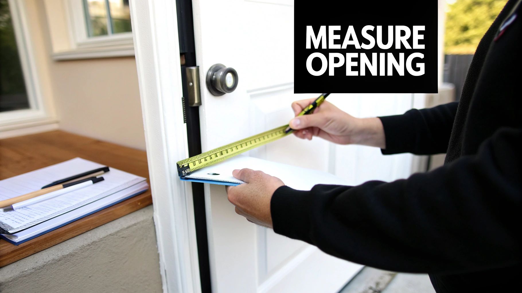 A person using a tape measure to check the width of a white door frame for a new screen door.