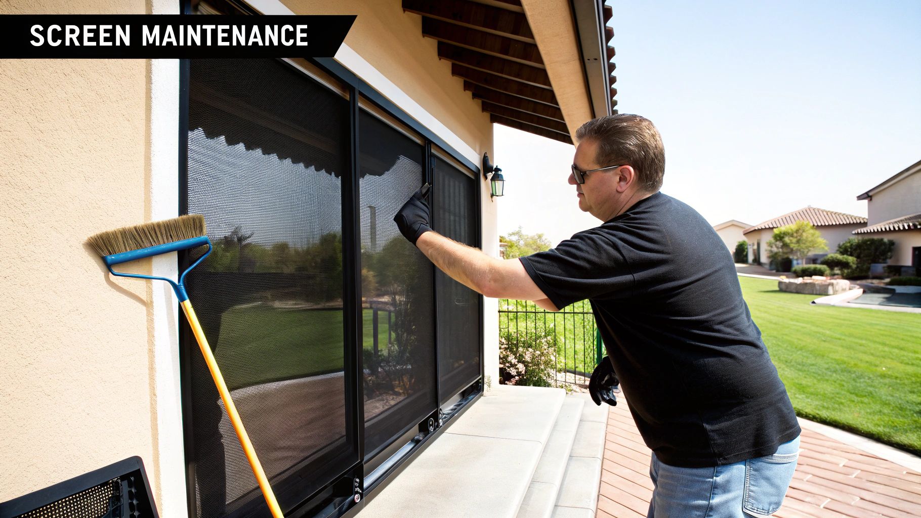 A person gently cleaning a large patio screen with a soft brush and soapy water, with the sun shining in the background.
