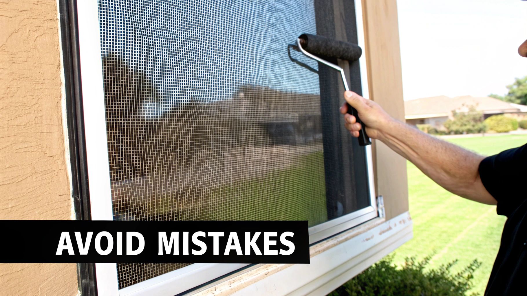 A person uses a screen roller tool to repair or install a window screen on a house.
