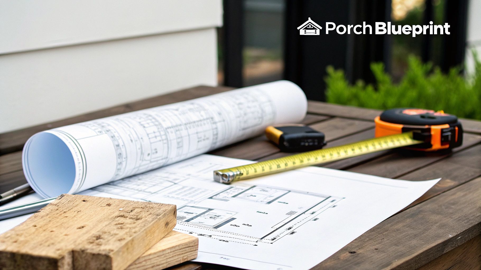 Construction blueprints, measuring tape, and wood blocks on a wooden table for building.