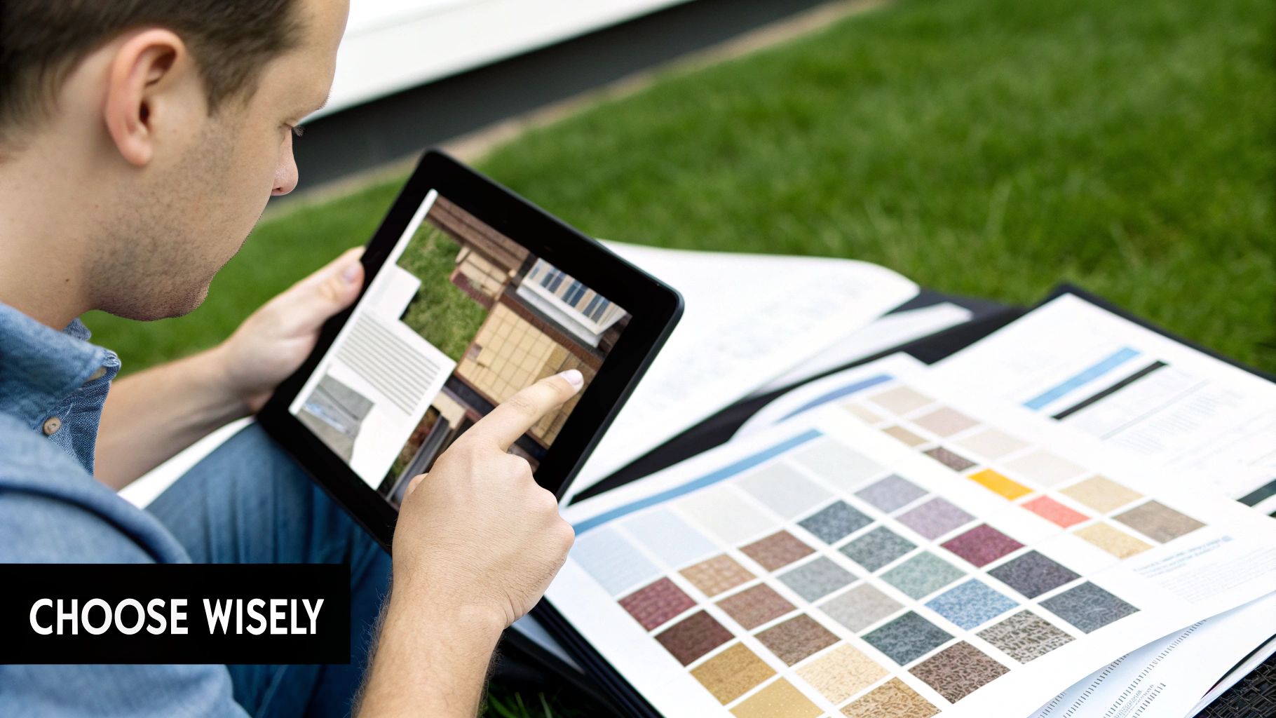 A homeowner examining different color swatches of sun blocking screen material against a window.