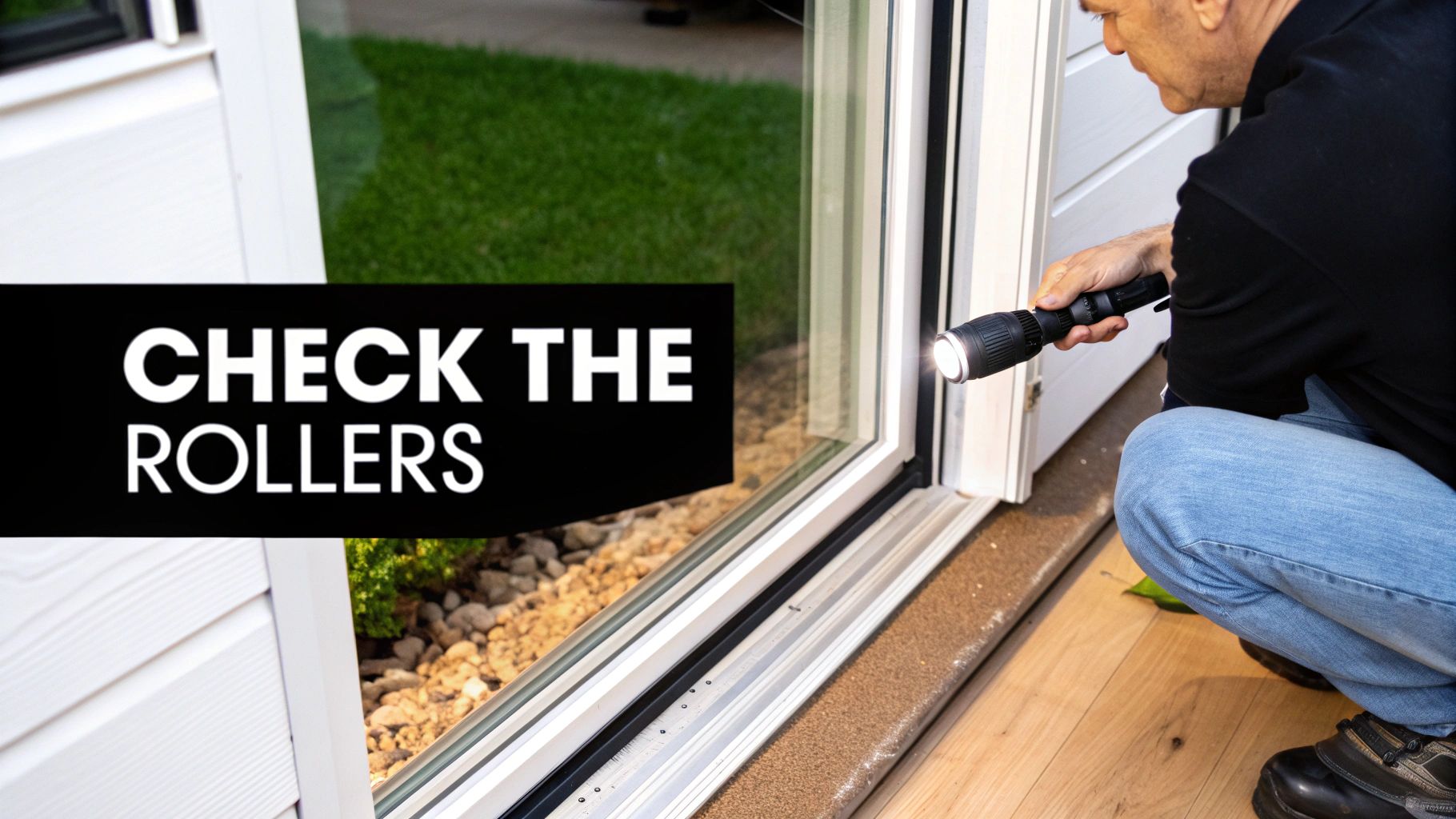 A man uses a flashlight to inspect the rollers and track of a sliding glass door.