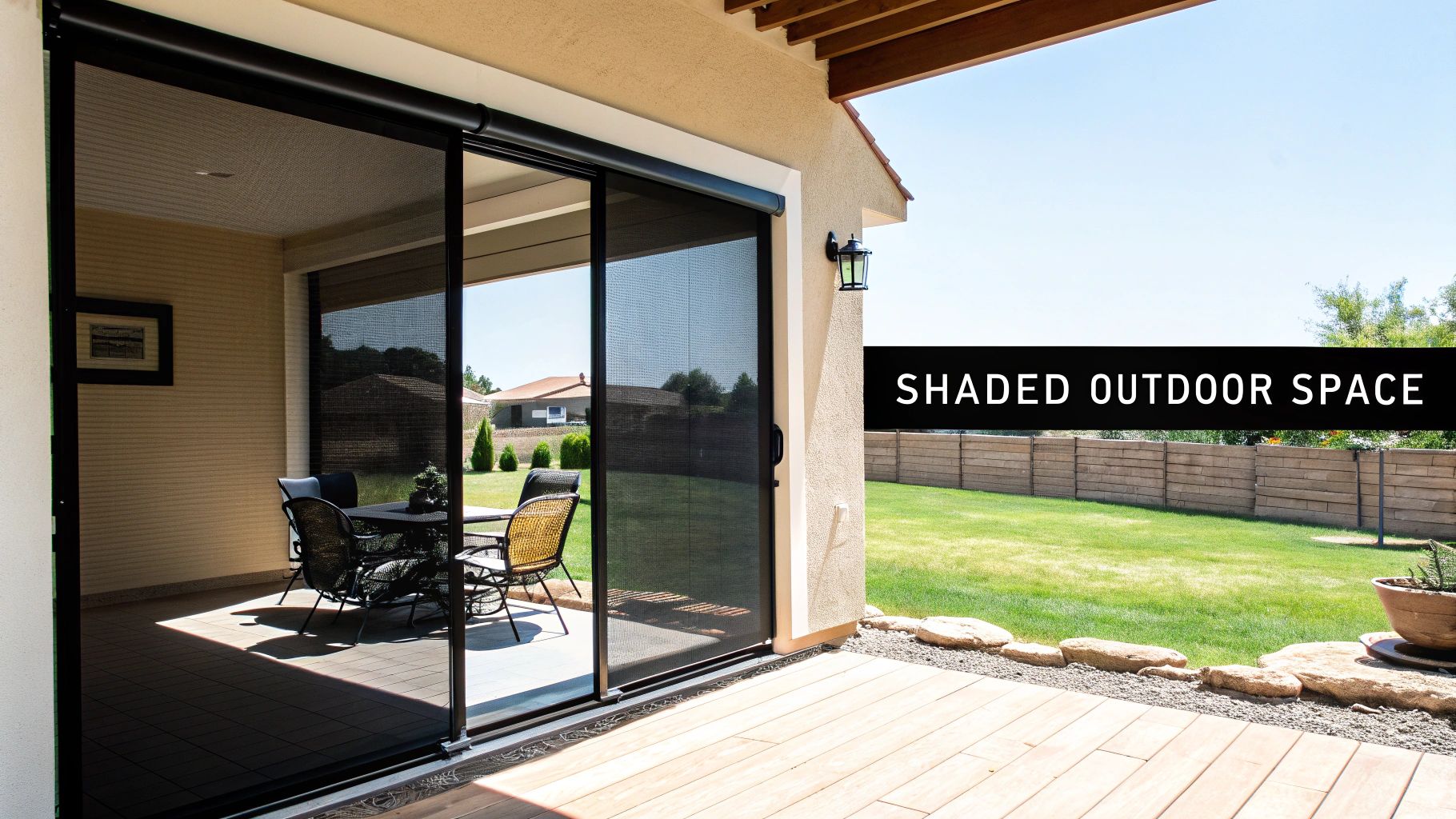 A modern patio with a retractable black solar screen installed on sliding doors, shading outdoor furniture.