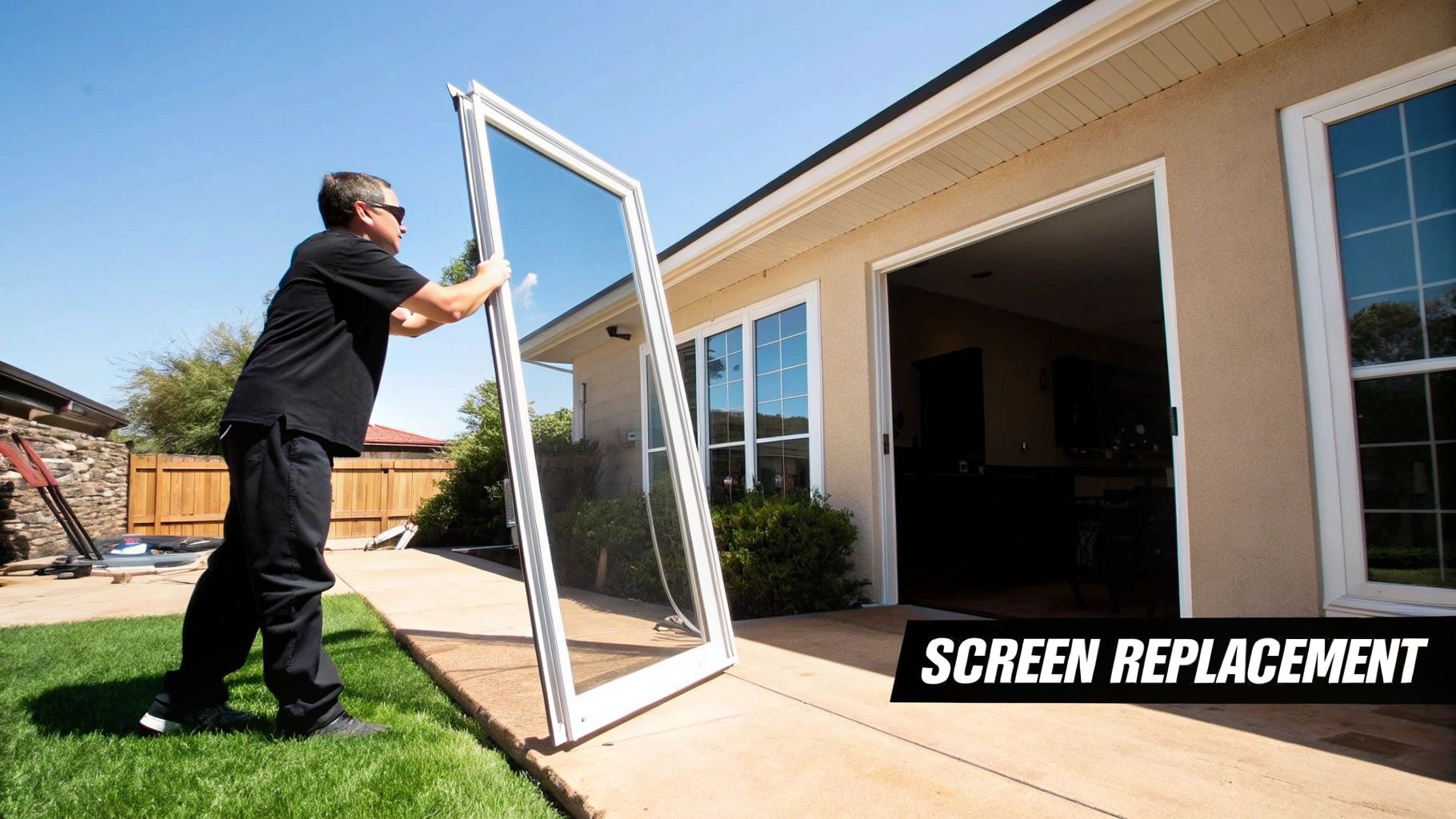A man in sunglasses replacing a large white screen door next to a house with a green lawn.