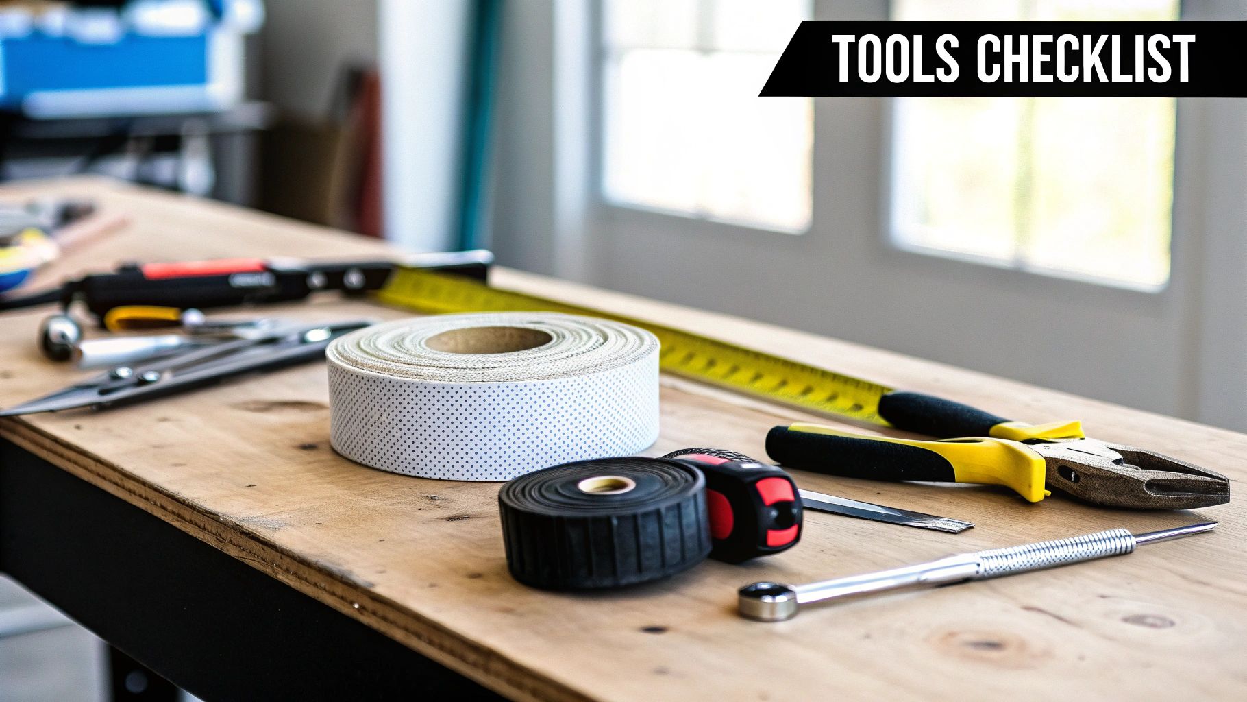 A collection of tools needed for screen replacement, including a spline roller, utility knife, and screen mesh.