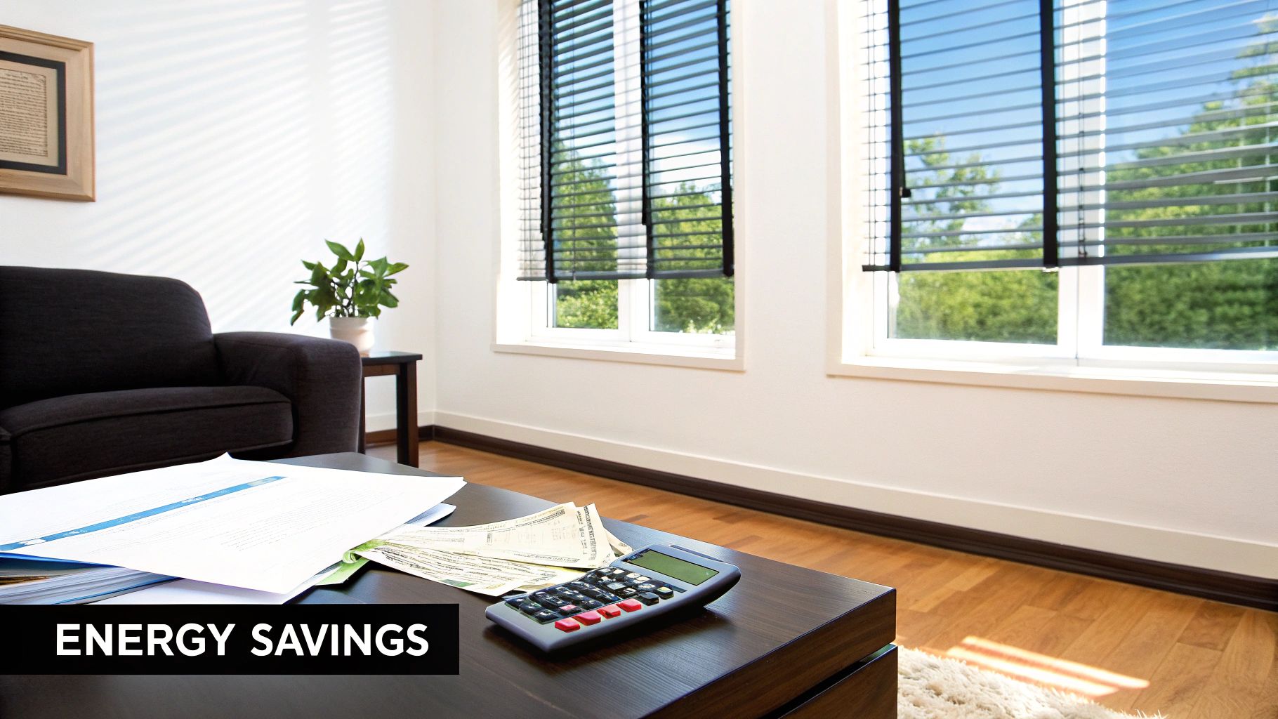 A bright living room with windows and blinds, documents, a calculator, and money, suggesting energy savings.
