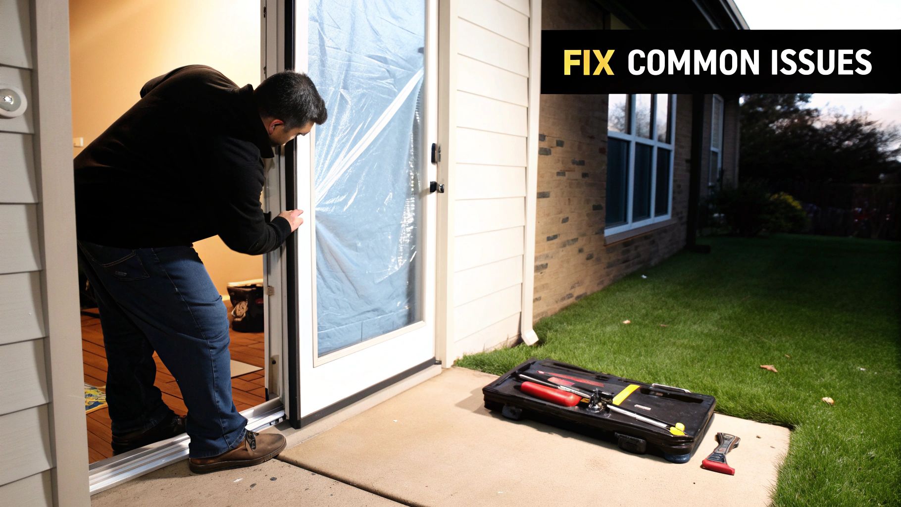 A man in a black hoodie fixes a white door, with a toolbox on the patio. Text 'FIX COMMON ISSUES'.
