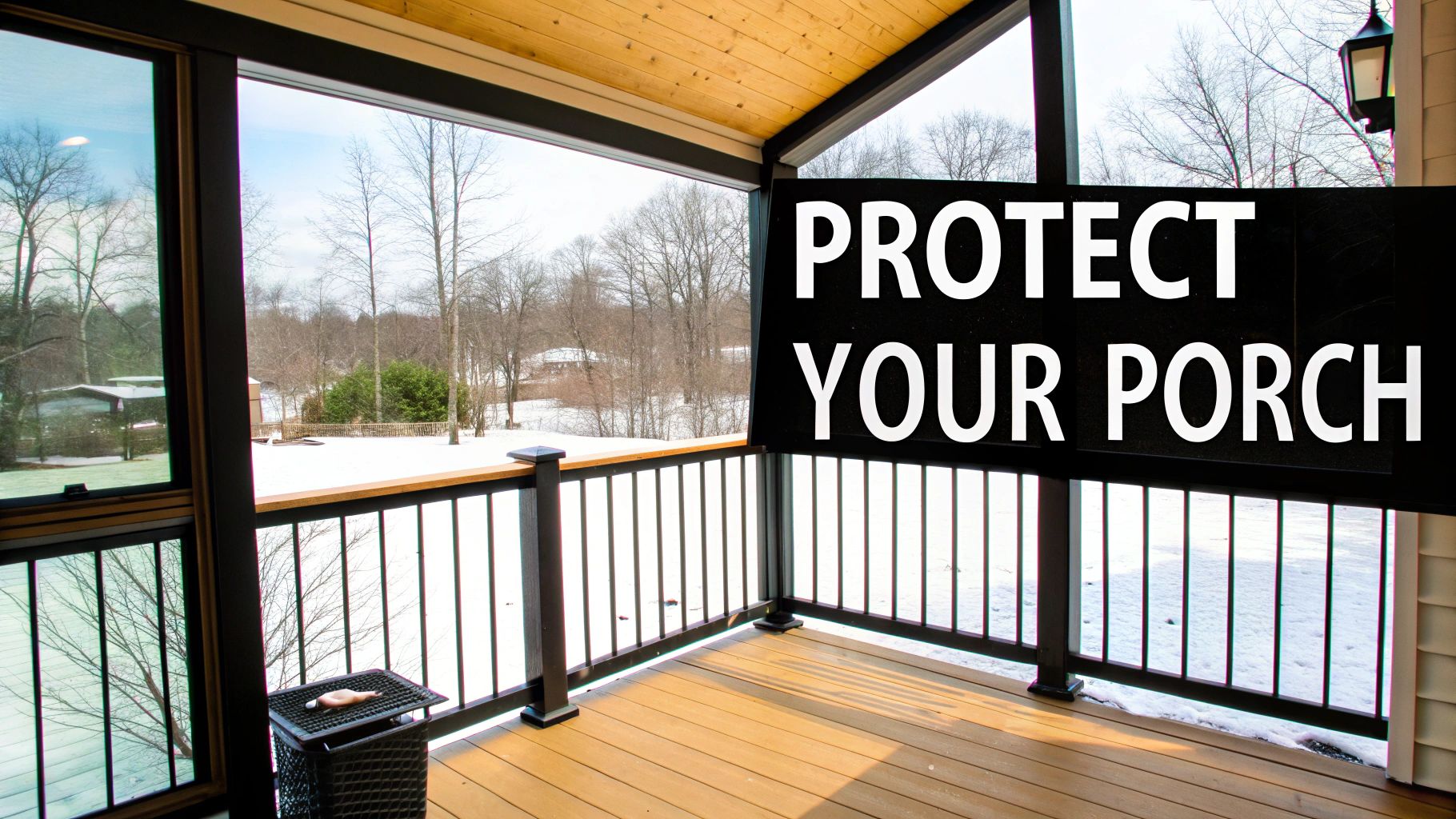 A winter scene from a screened porch with a wooden ceiling and floor, featuring a 'PROTECT YOUR PORCH' sign.