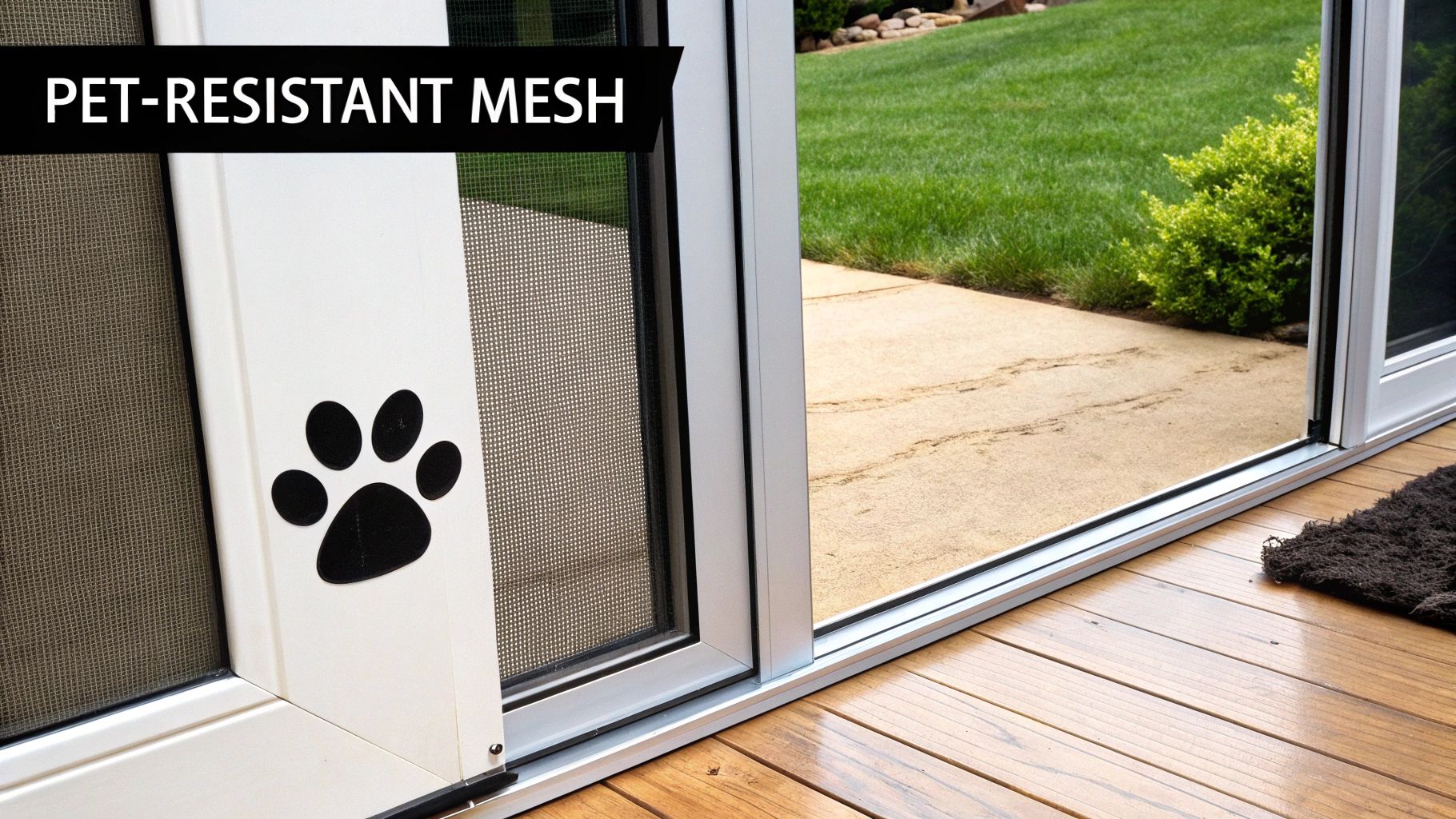 Sliding patio door featuring a durable pet-resistant mesh screen, with a paw print decal.
