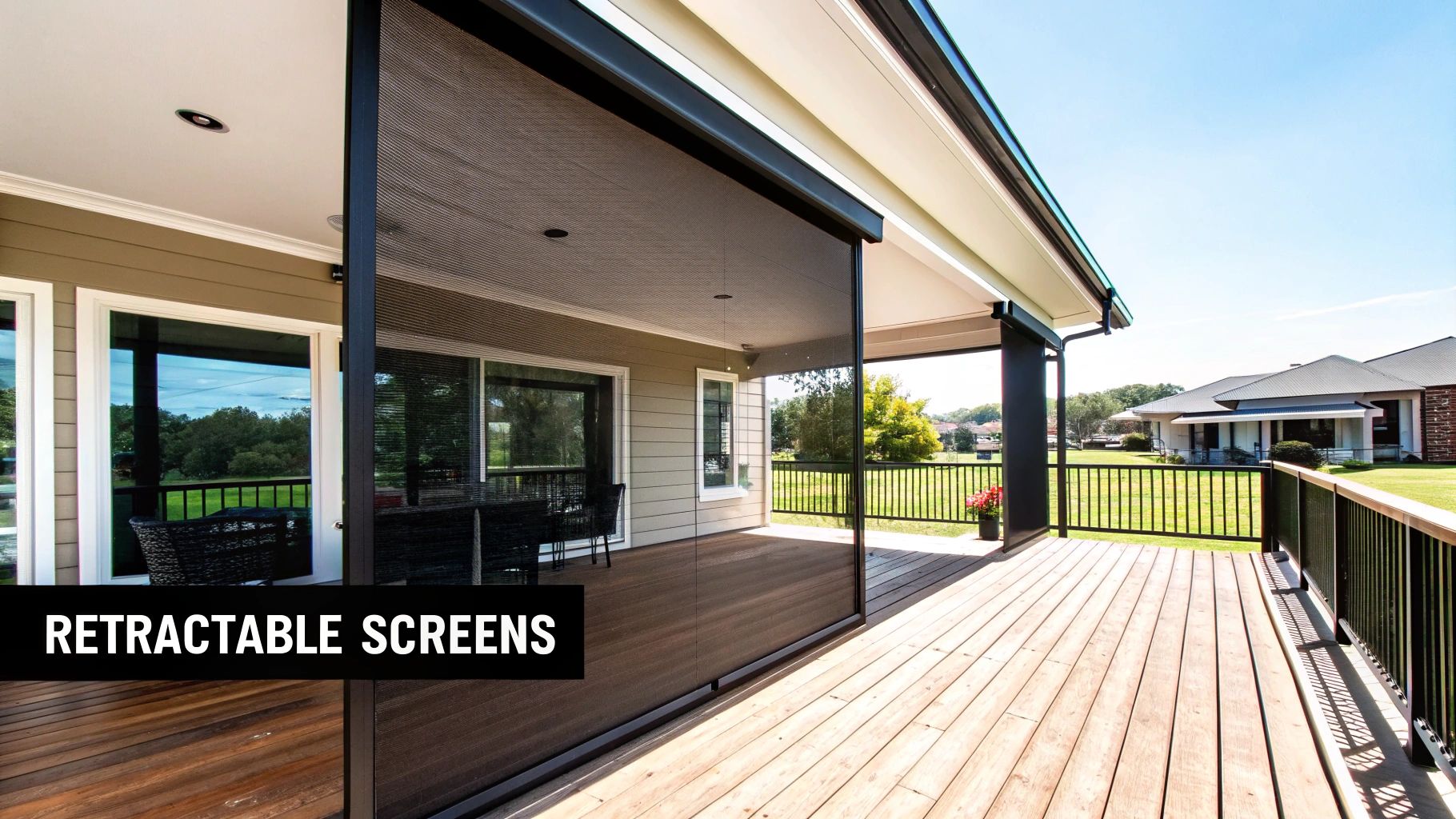 A retractable screen on a modern porch, partially open to show an unobstructed view.