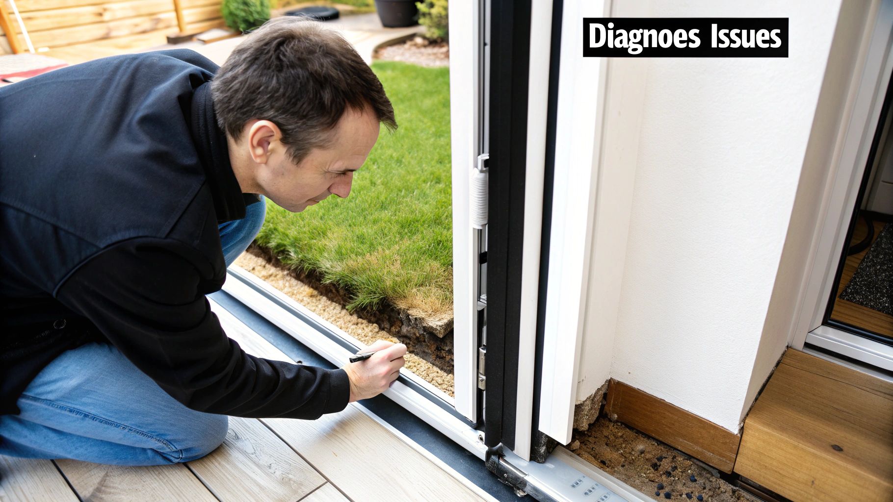 A person's hand pointing to a damaged sliding screen door frame, illustrating the diagnosis process.