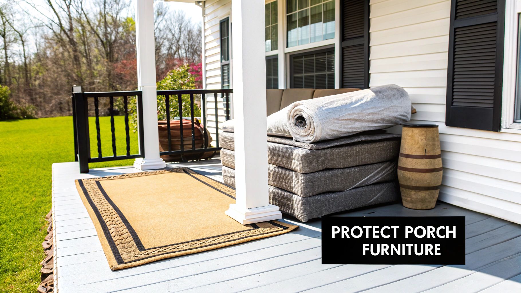 Porch furniture cushions stacked and covered with a white tarp, alongside a tan rug and decorative barrel.