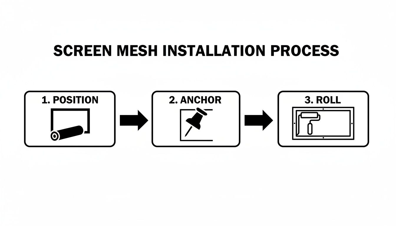 Three-step diagram illustrating the screen mesh installation process: position, anchor, and roll.