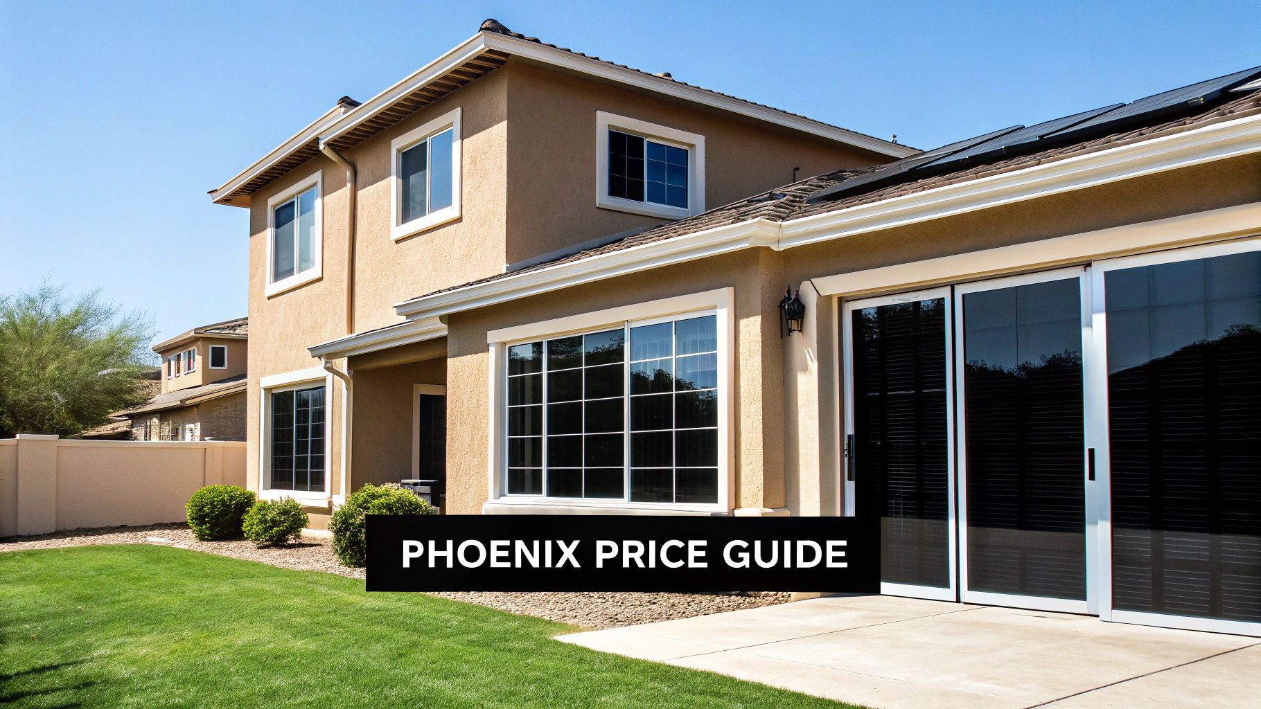 A modern two-story tan stucco house with a vibrant green lawn and a patio area. Solar panels are visible on the roof under a clear blue sky.