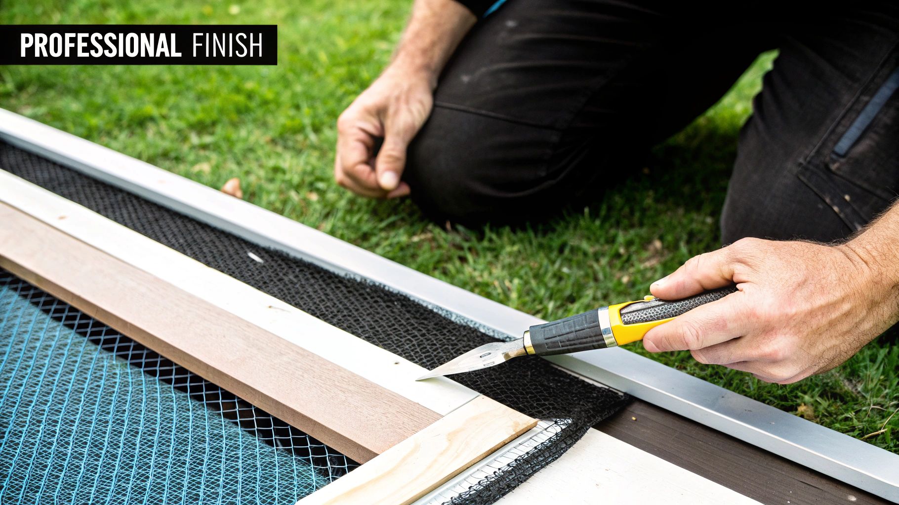A freshly repaired screen enclosure panel showing a tight, clean installation.
