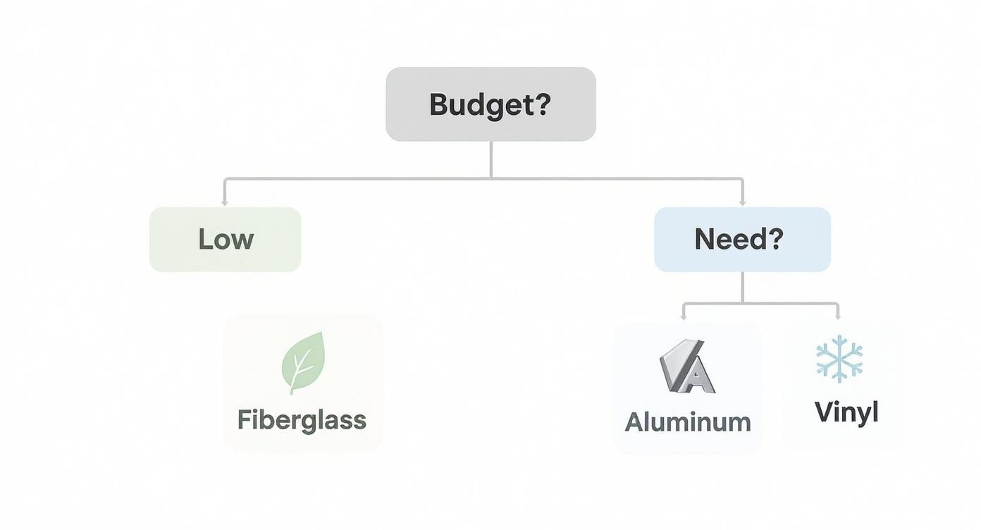 Flowchart illustrating the selection of window screen frame materials: Fiberglass for low budget, Aluminum or Vinyl based on need.