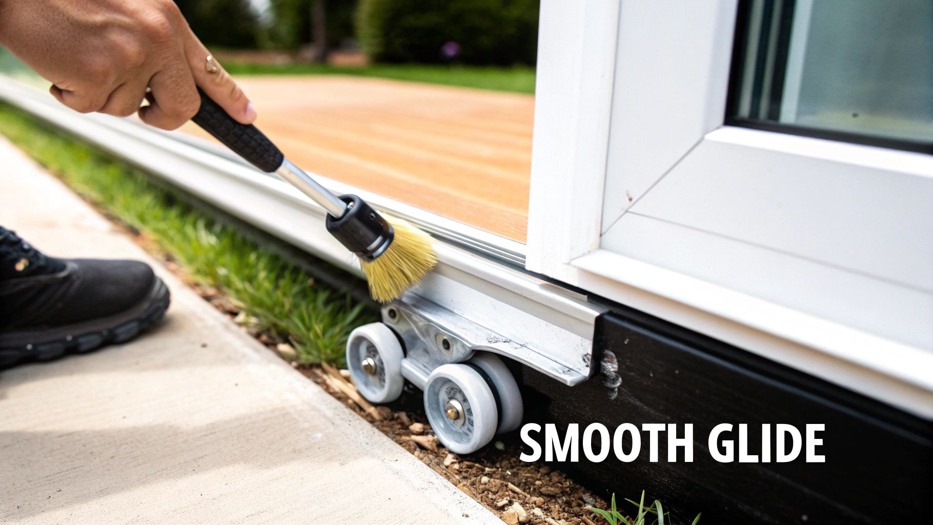 A person is cleaning the rollers and track of a sliding patio door with a small brush.
