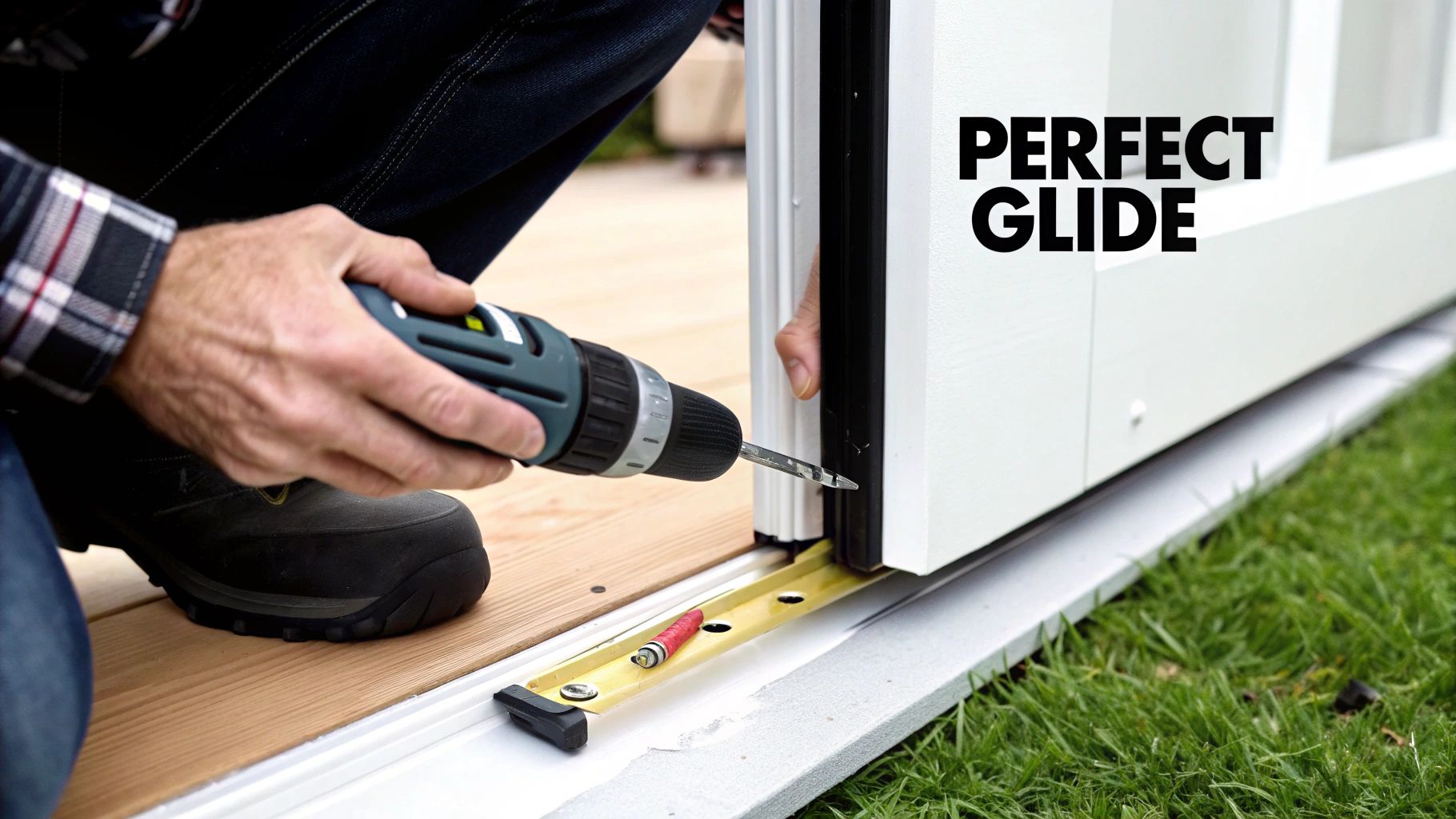 A person uses a drill to install or repair a sliding door's bottom track with rollers.