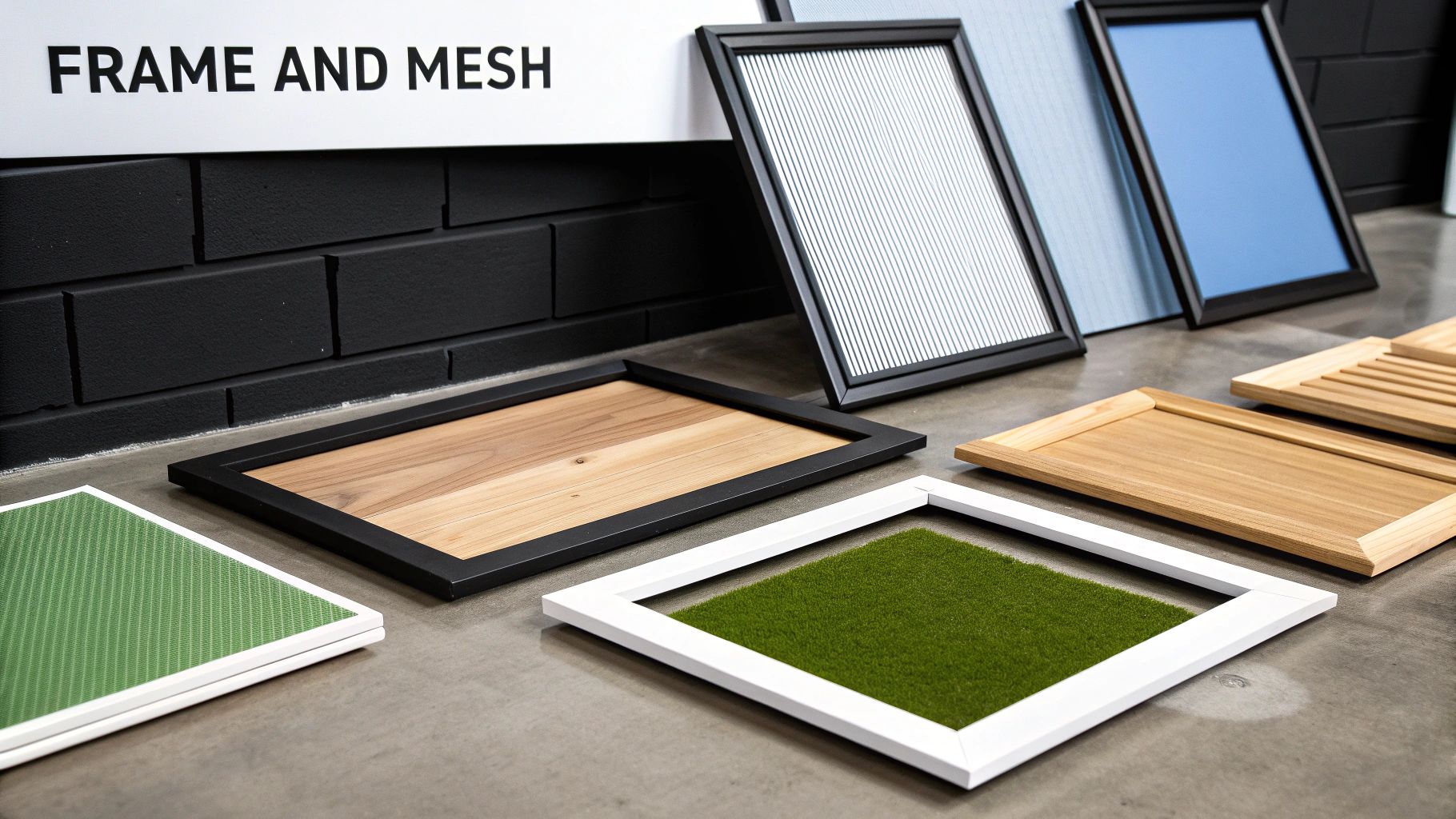 Various frames displayed with different inserts like wood, striped, blue, green mesh, and artificial grass.