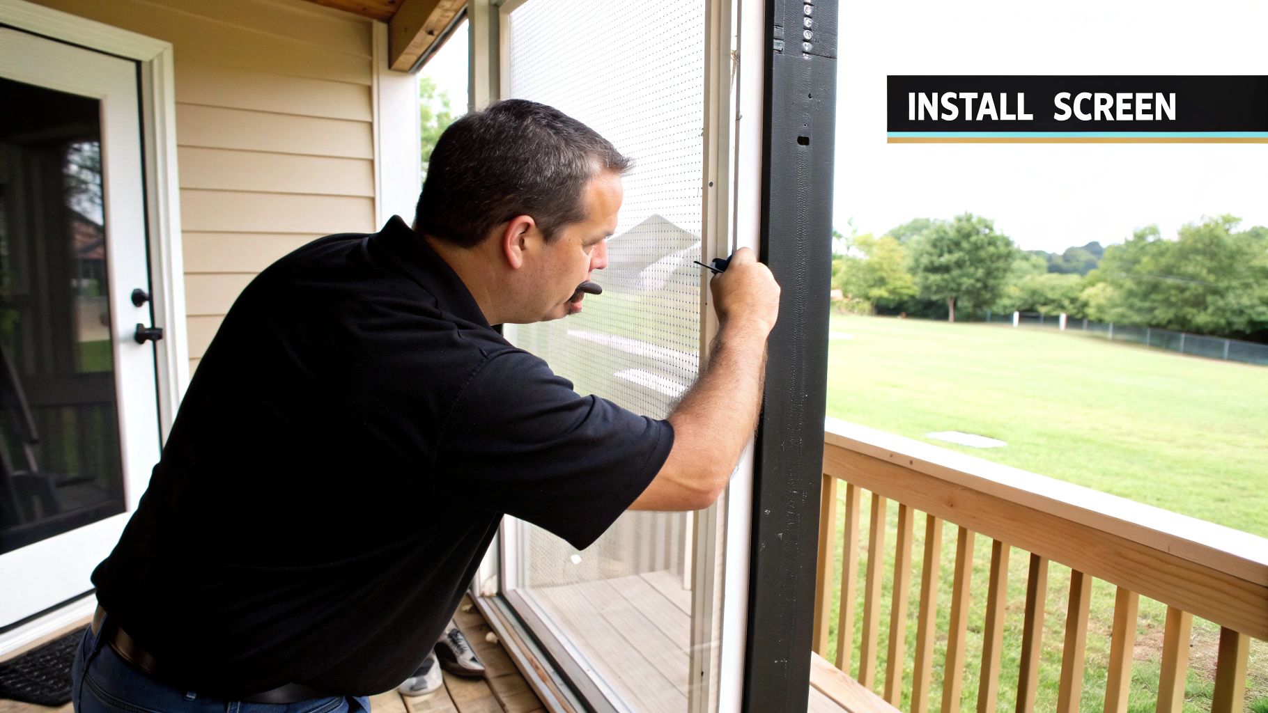 A close-up of a hand applying a small, adhesive screen patch over a tear in a porch screen.