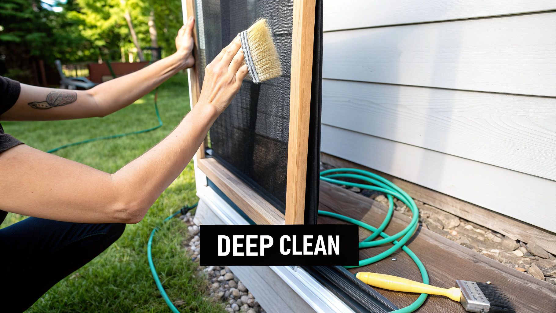 A person using a hose to rinse a window screen laid on the grass