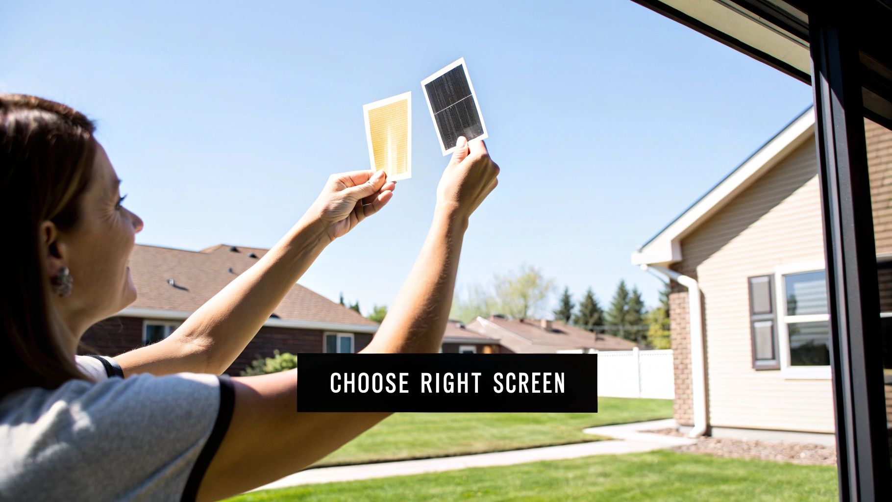 A person holds up two window screen samples against the bright sky, choosing the right sun protection.