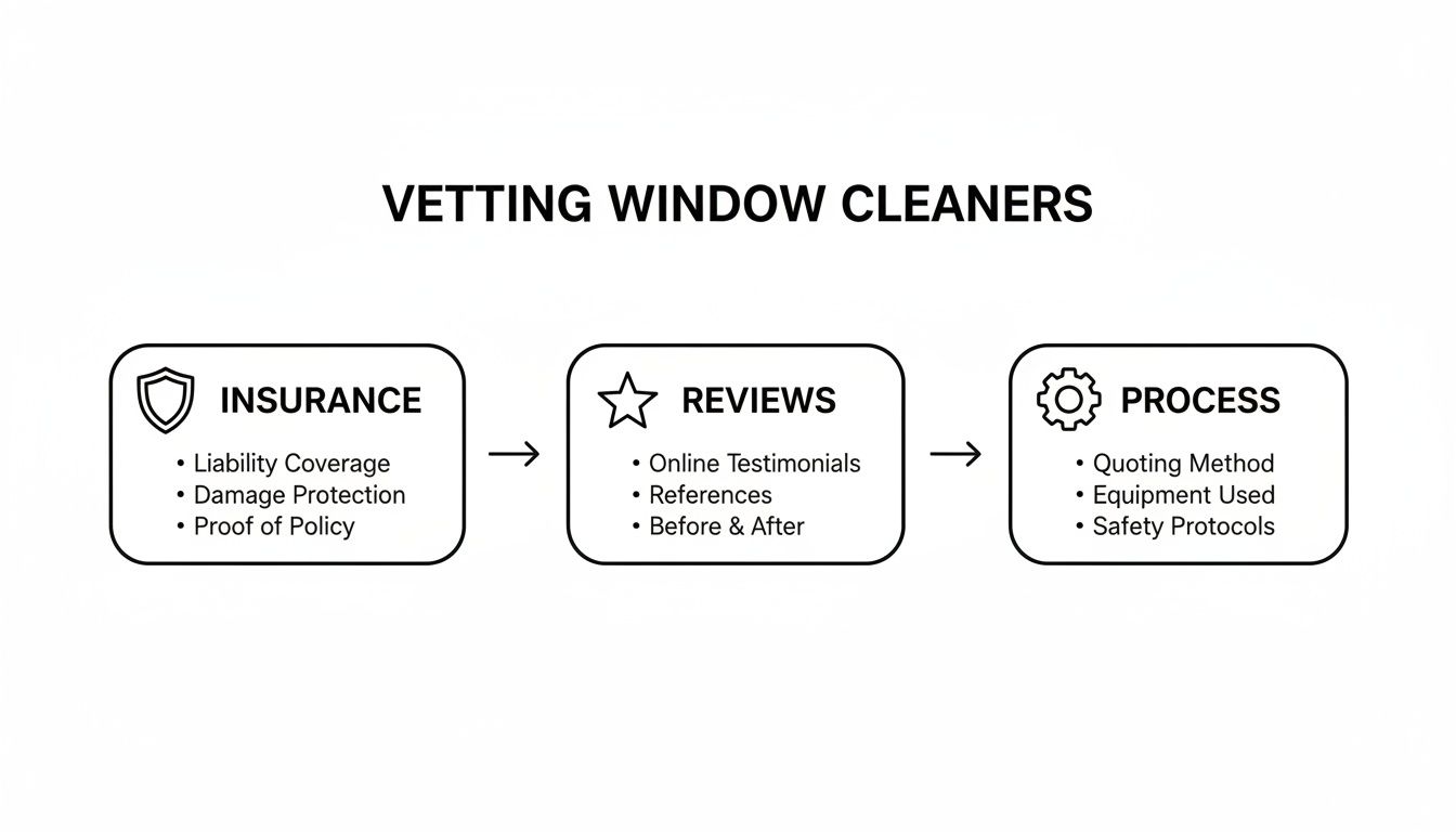 Flowchart illustrating the vetting process for window cleaners, covering insurance, reviews, and operational process.