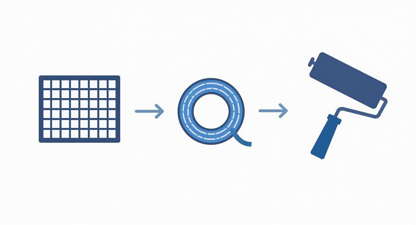 Infographic showing the process of choosing screen repair materials, including mesh, spline, and a spline roller.
