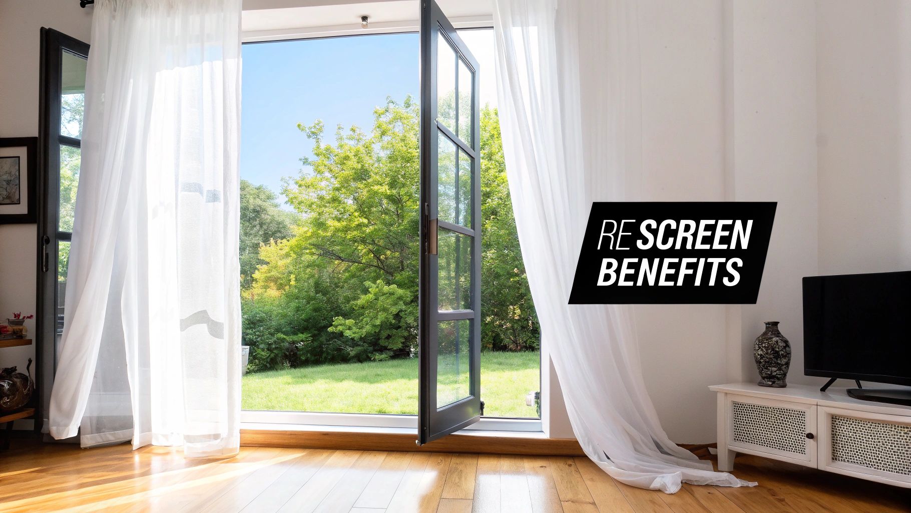 A person's hands using a spline roller tool to press new screen mesh into a window frame.