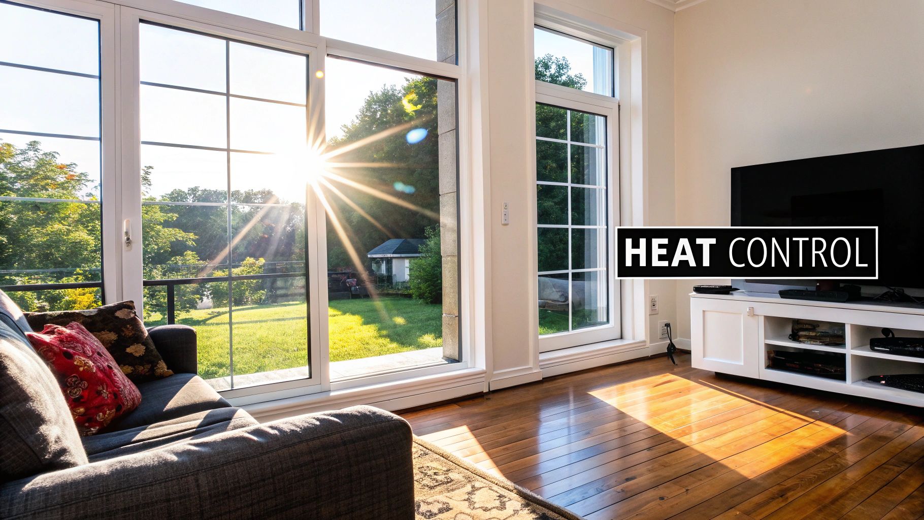 A modern home with sun blocking window screens installed on the windows
