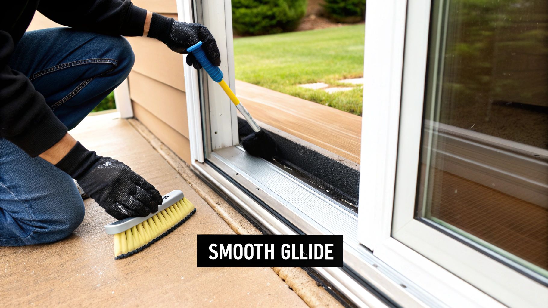 Person in gloves cleaning a dirty sliding screen door track with brushes for smooth operation.