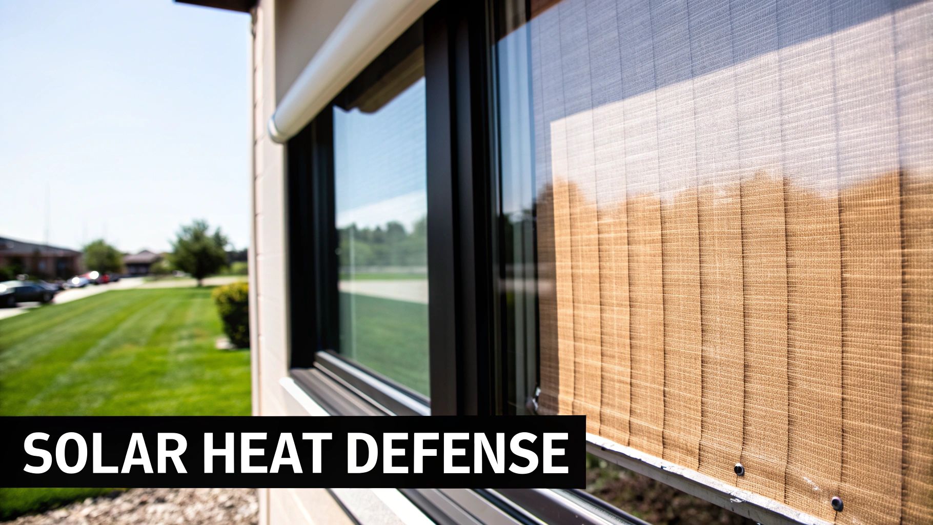 Exterior view of a building window with a brown, textured solar screen partially covering it.