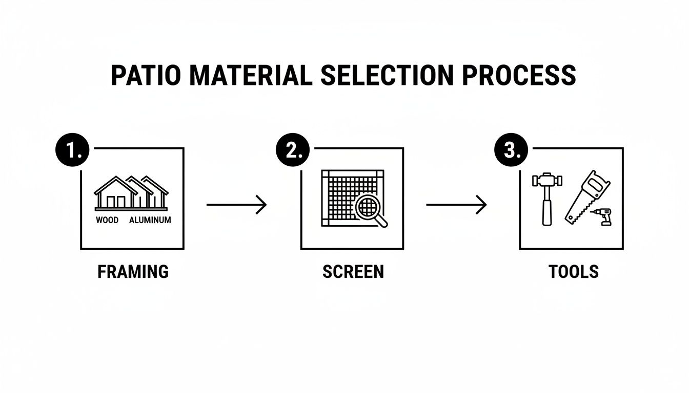 Diagram illustrating the three-step patio material selection process: framing, screen, and tools.