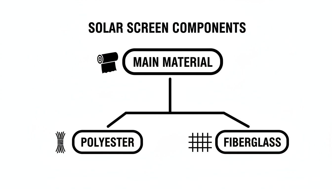 A diagram illustrating the components of a solar screen, showing main material, polyester, and fiberglass options.