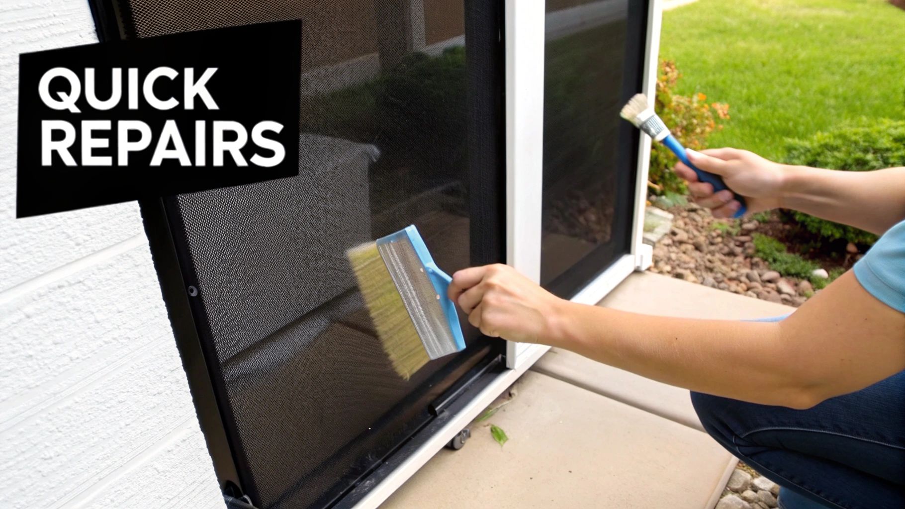Person demonstrating quick repairs on a black screen door using two different brushes.